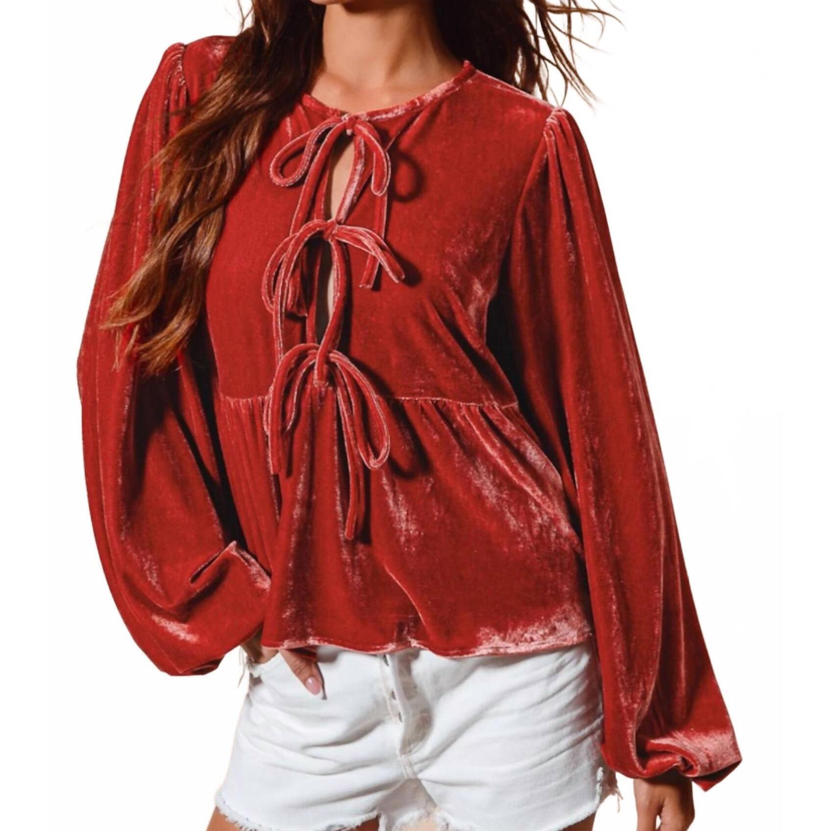 New So Me Carmine Velvet Front Tie Peplum Blouse In Red